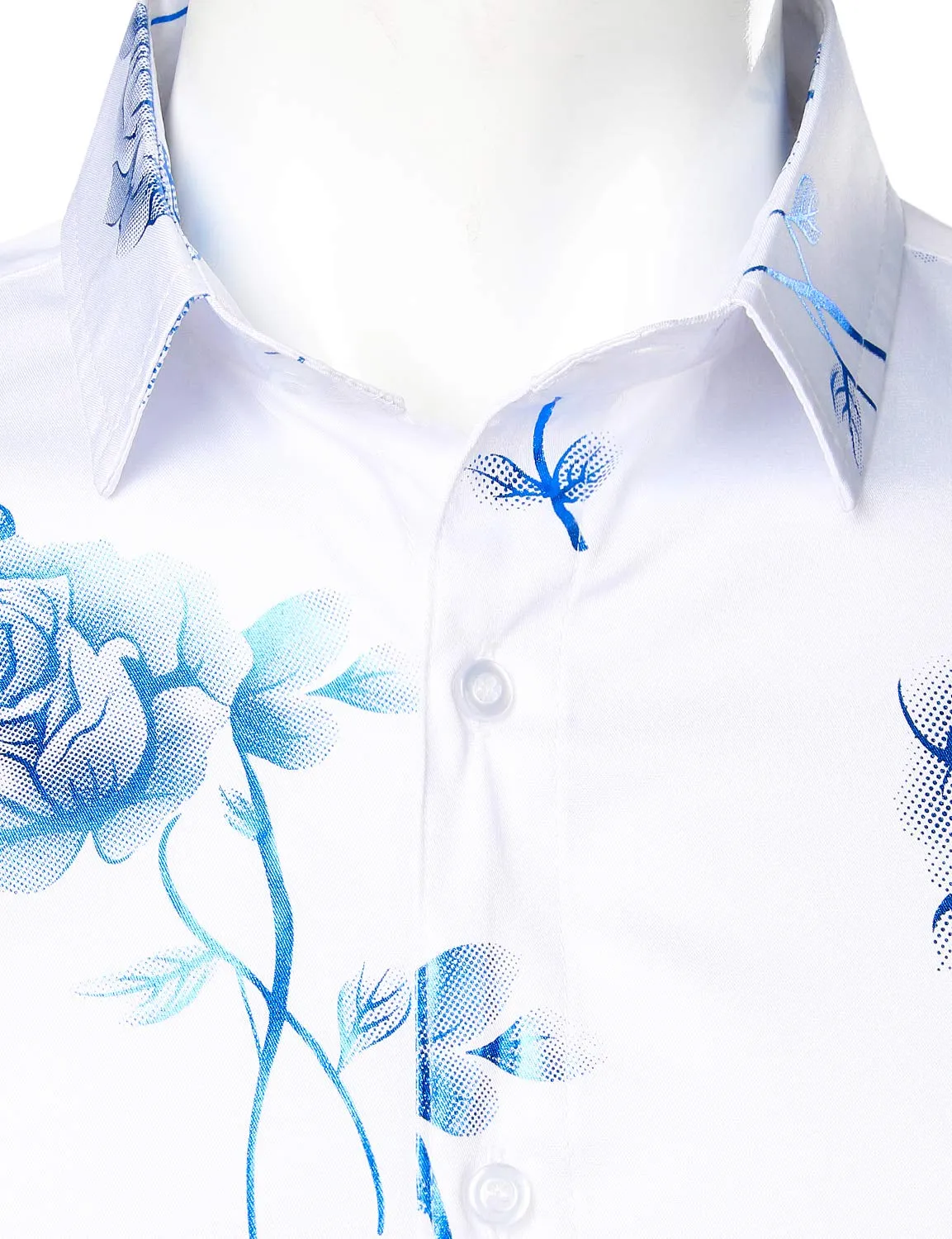 Men's Casual Blue Rose Floral Print Button Up Long Sleeve Dress Shirt