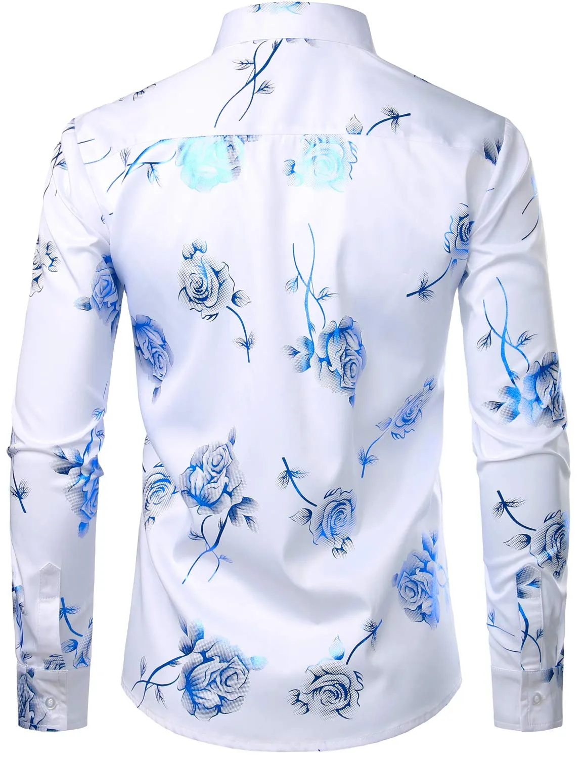 Men's Casual Blue Rose Floral Print Button Up Long Sleeve Dress Shirt