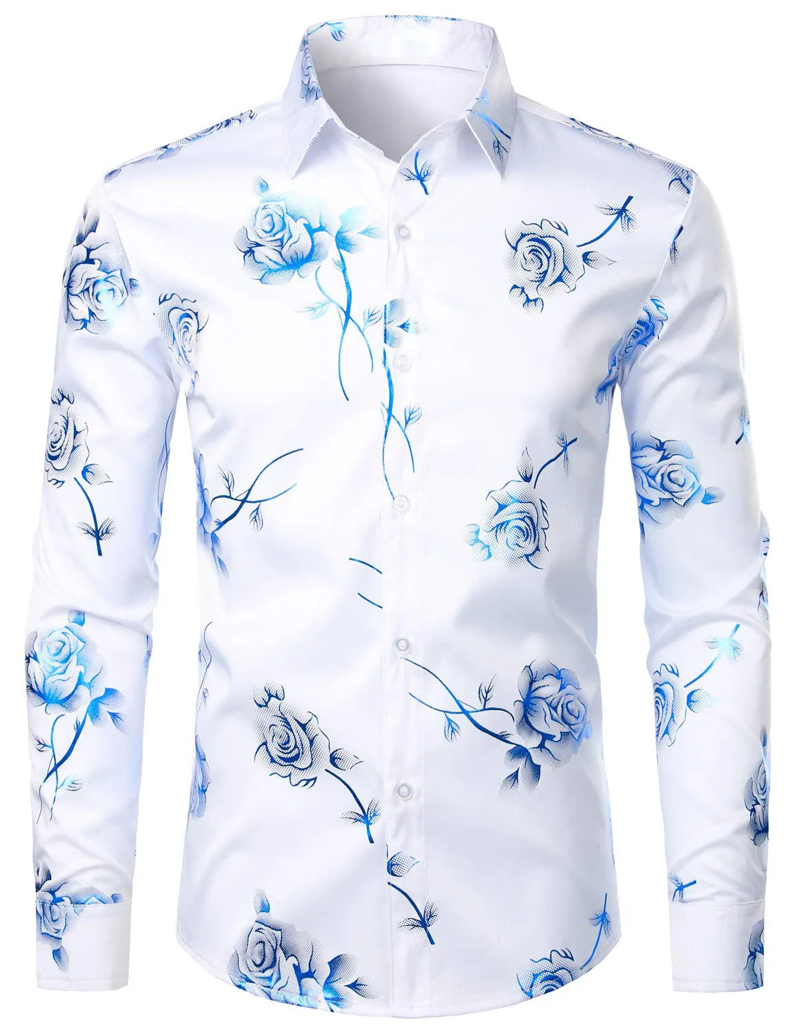 Men's Casual Blue Rose Floral Print Button Up Long Sleeve Dress Shirt