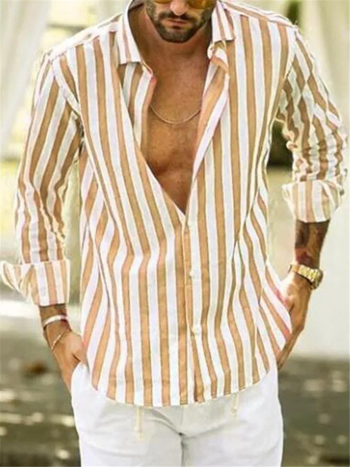 Men's Casual Fashion Button Up Long Sleeve Striped Shirts