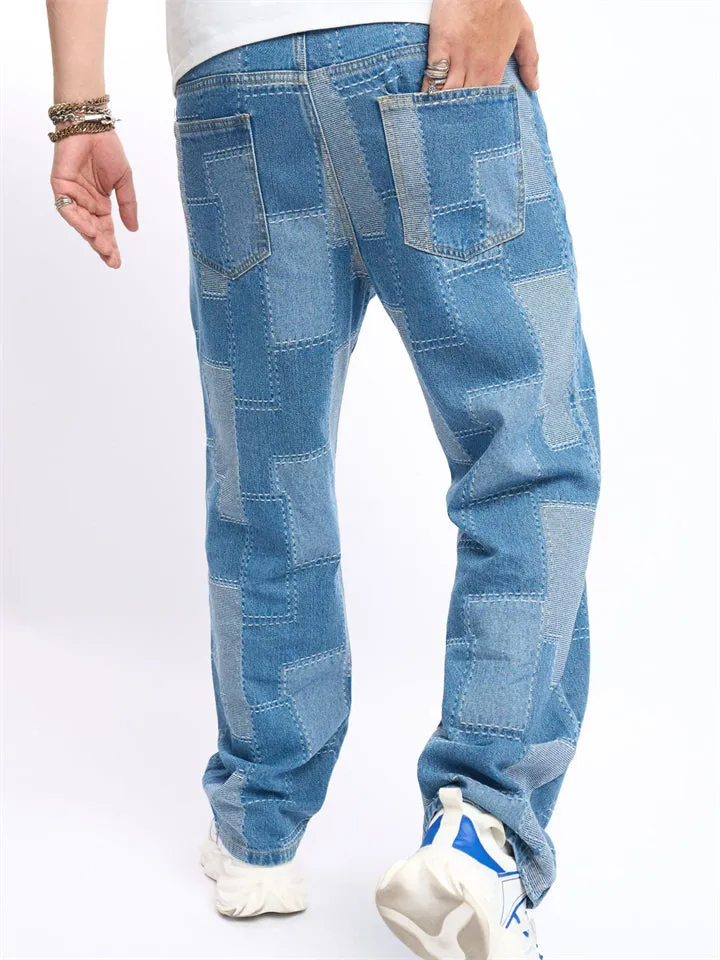 Men's Casual Patch Loose Fit Wide Leg Jeans