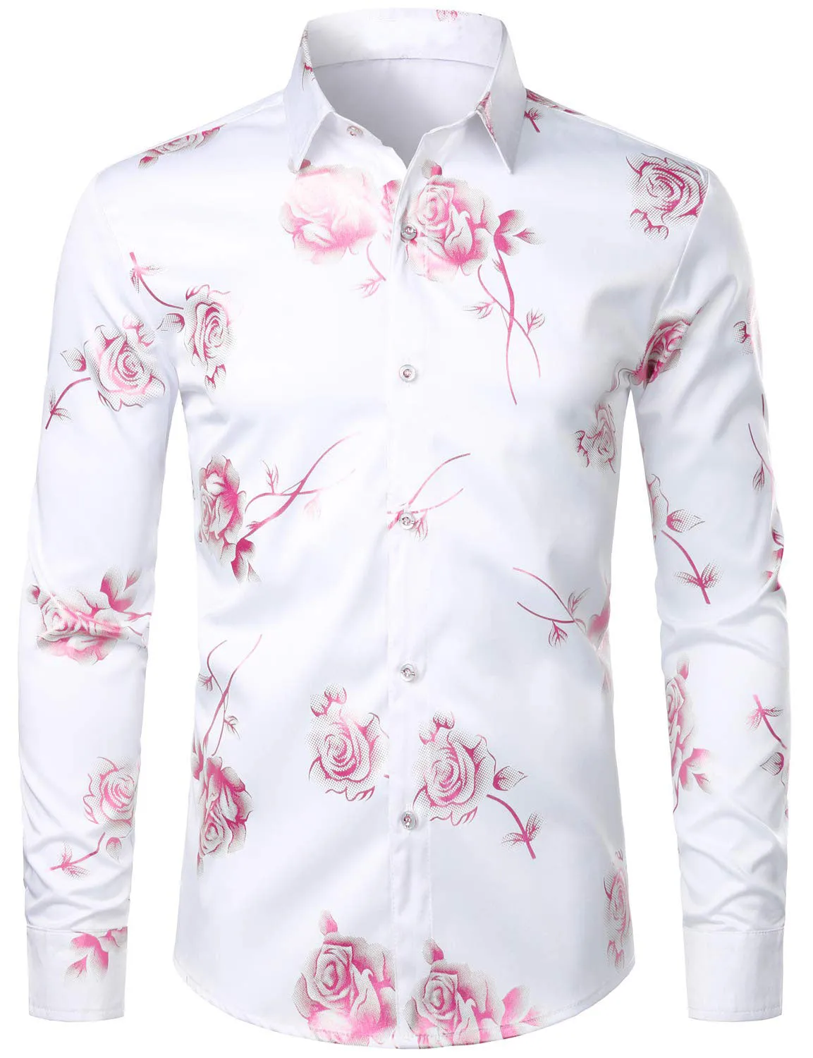 Men's Casual Pink Rose Floral Print Button Up Long Sleeve Dress Shirt