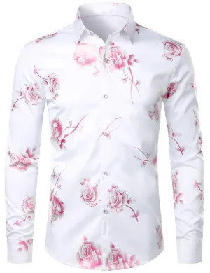 Men's Casual Pink Rose Floral Print Button Up Long Sleeve Dress Shirt