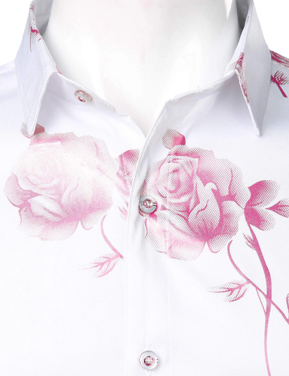 Men's Casual Pink Rose Floral Print Button Up Long Sleeve Dress Shirt