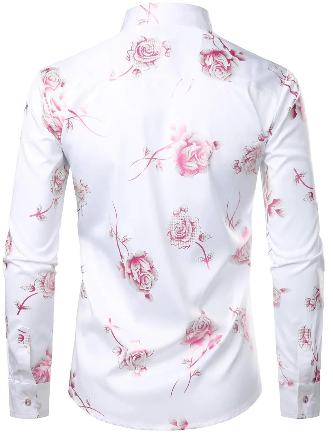 Men's Casual Pink Rose Floral Print Button Up Long Sleeve Dress Shirt