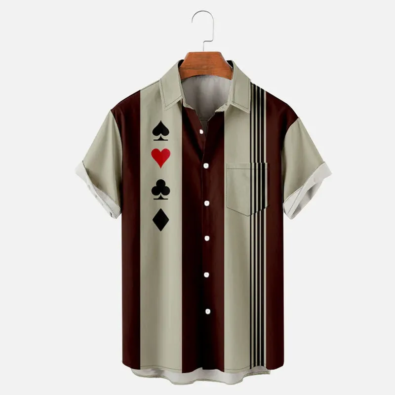 Men's Classic Stripe Poker Bowling Simple Short Sleeve Shirt