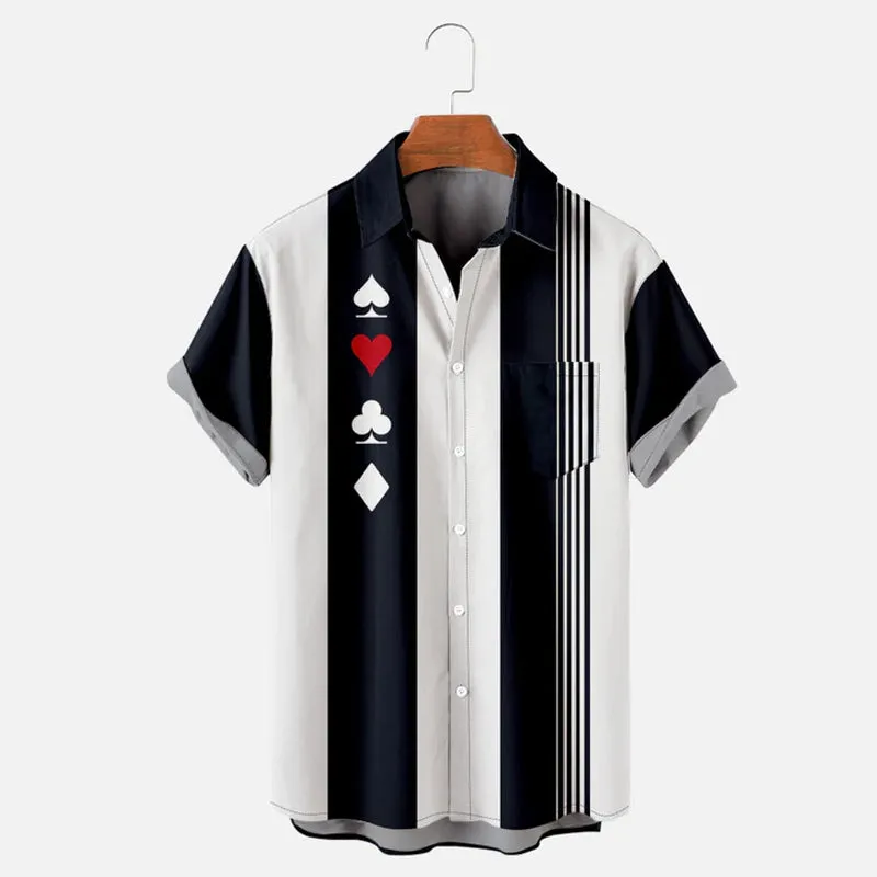 Men's Classic Stripe Poker Bowling Simple Short Sleeve Shirt