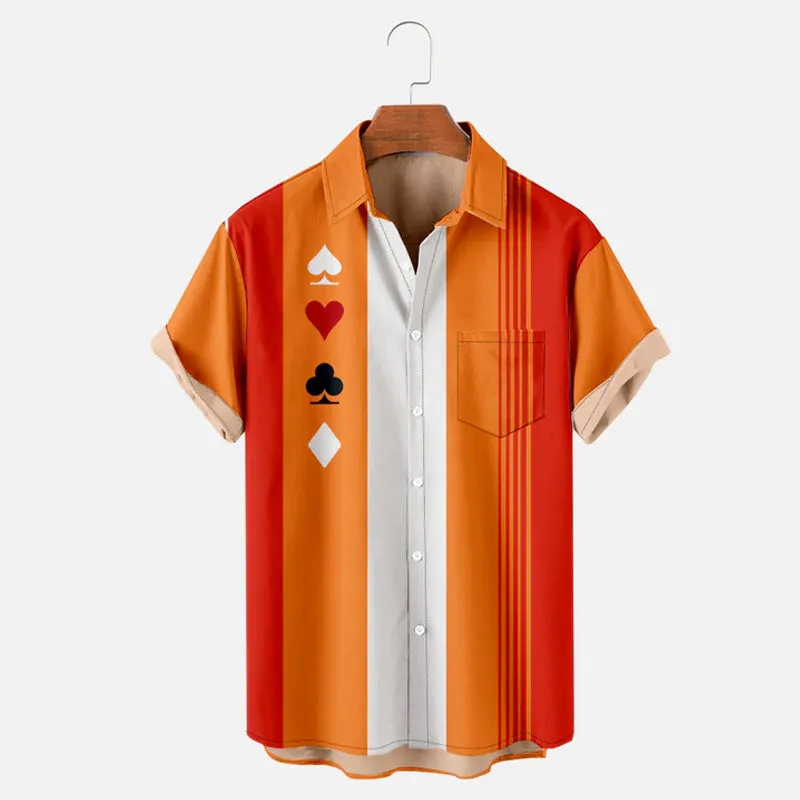 Men's Classic Stripe Poker Bowling Simple Short Sleeve Shirt