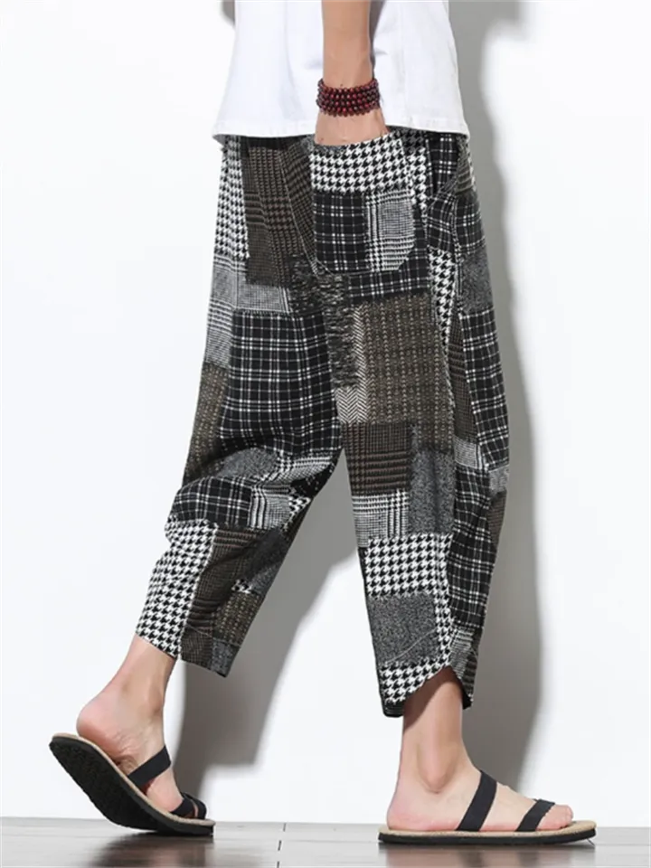 Men's Contrast Color Plaid Casual Loose Harem Pants