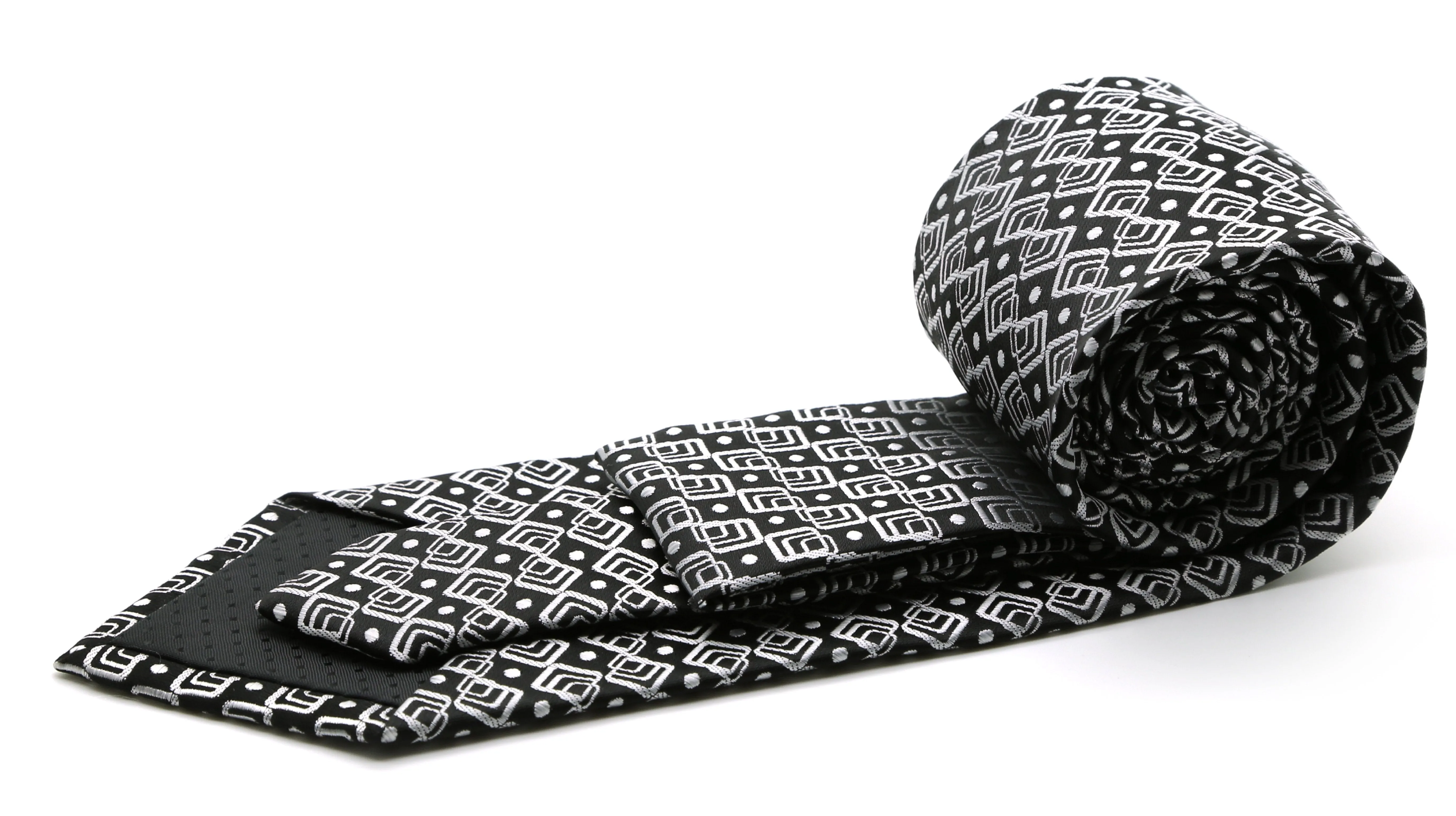 Mens Dads Classic Black Geometric Pattern Business Casual Necktie & Hanky Set G-1