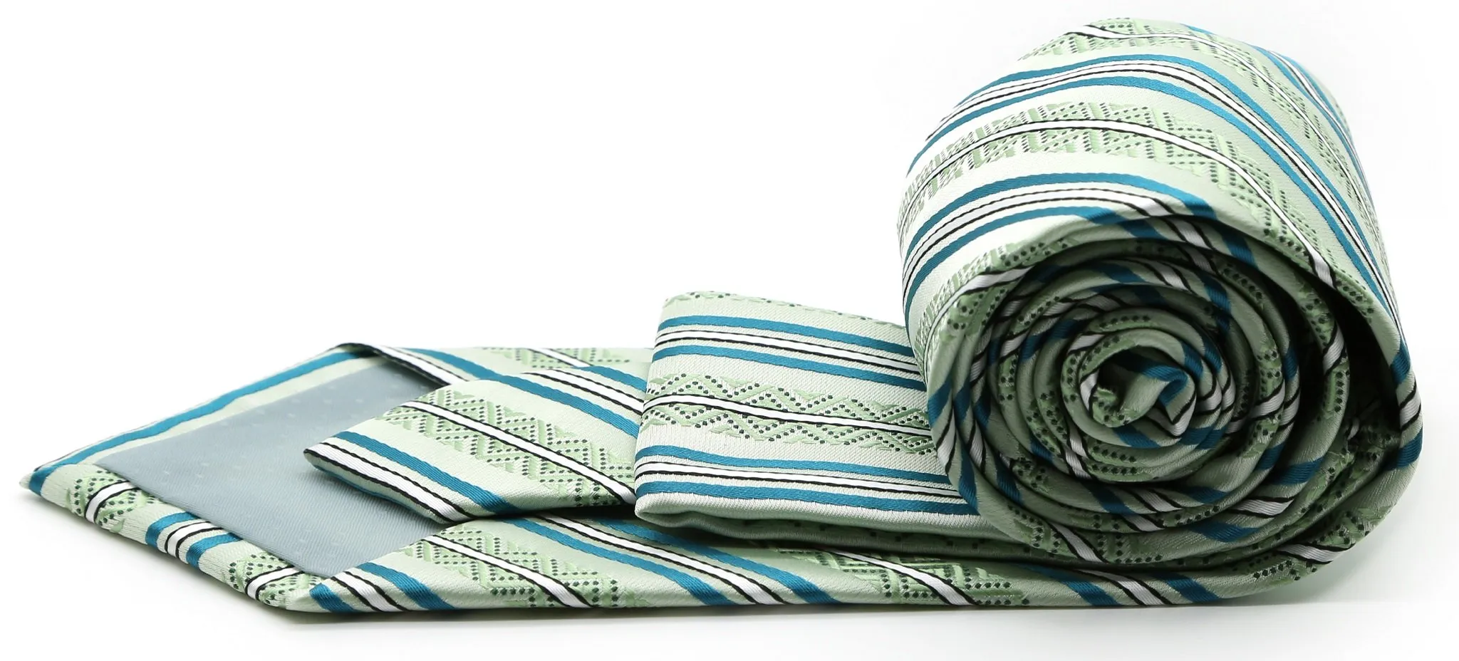 Mens Dads Classic Green Striped Pattern Business Casual Necktie & Hanky Set H-10