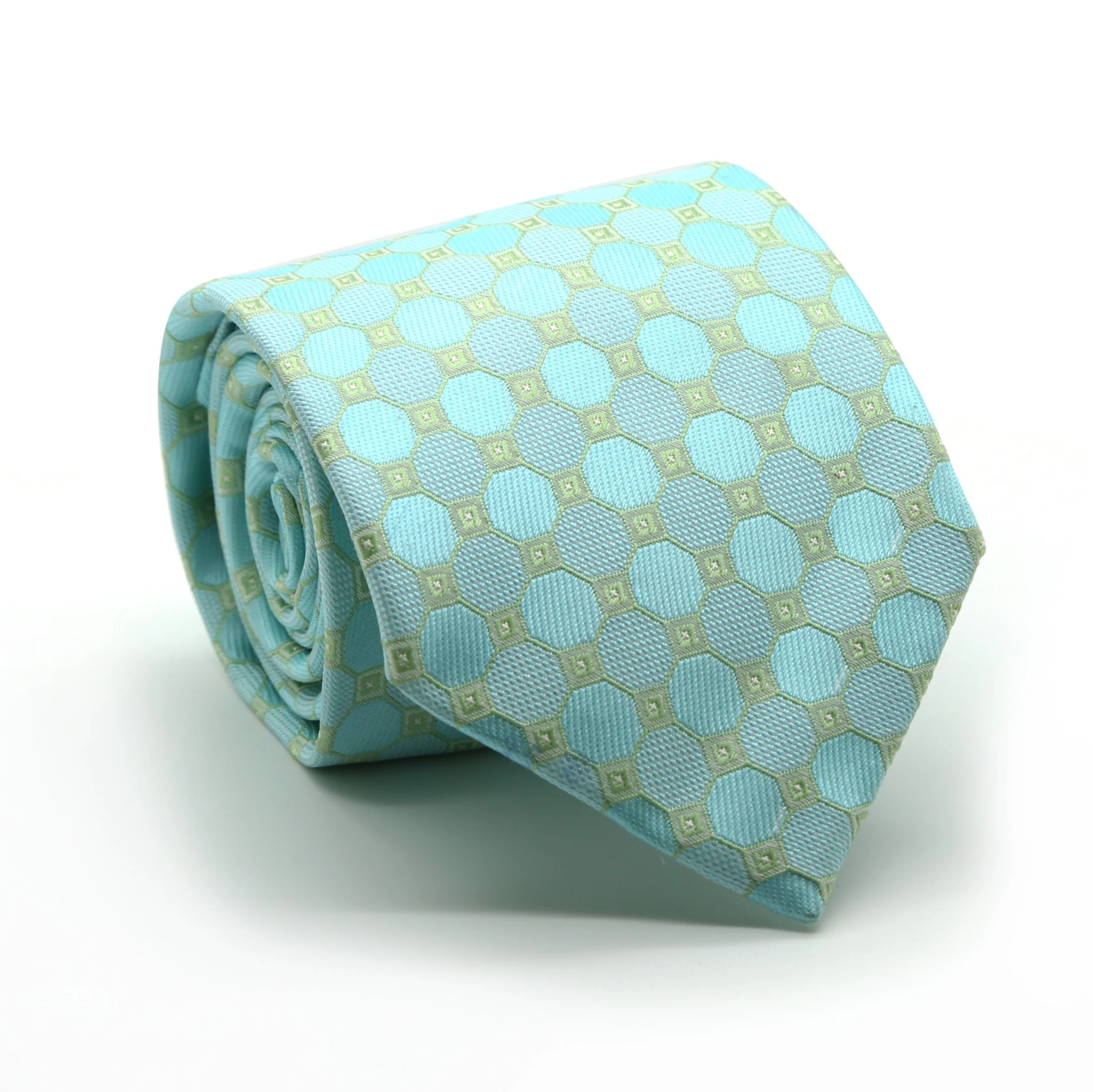 Mens Dads Classic Turquoise Geometric Pattern Business Casual Necktie & Hanky Set W-3