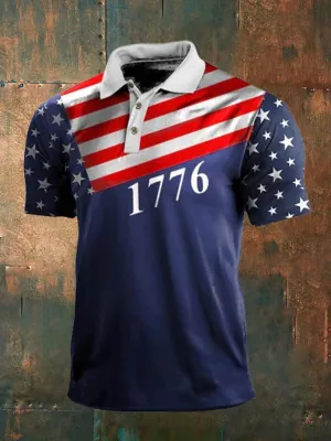 Men's Flag Print Casual Polo Shirt