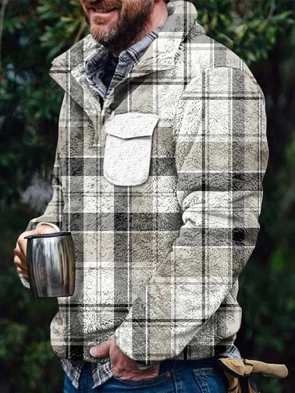 Men's Flannel Casual Retro Button Pullover Sweatshirt