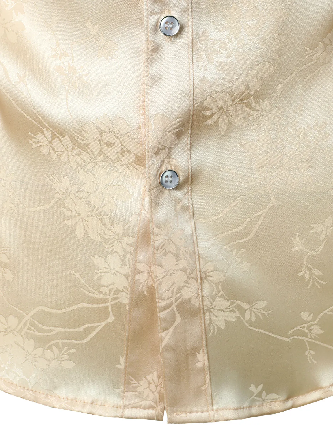 Men's Floral Jacquard Shiny Satin Casual Button Up Long Sleeve Dress Shirt