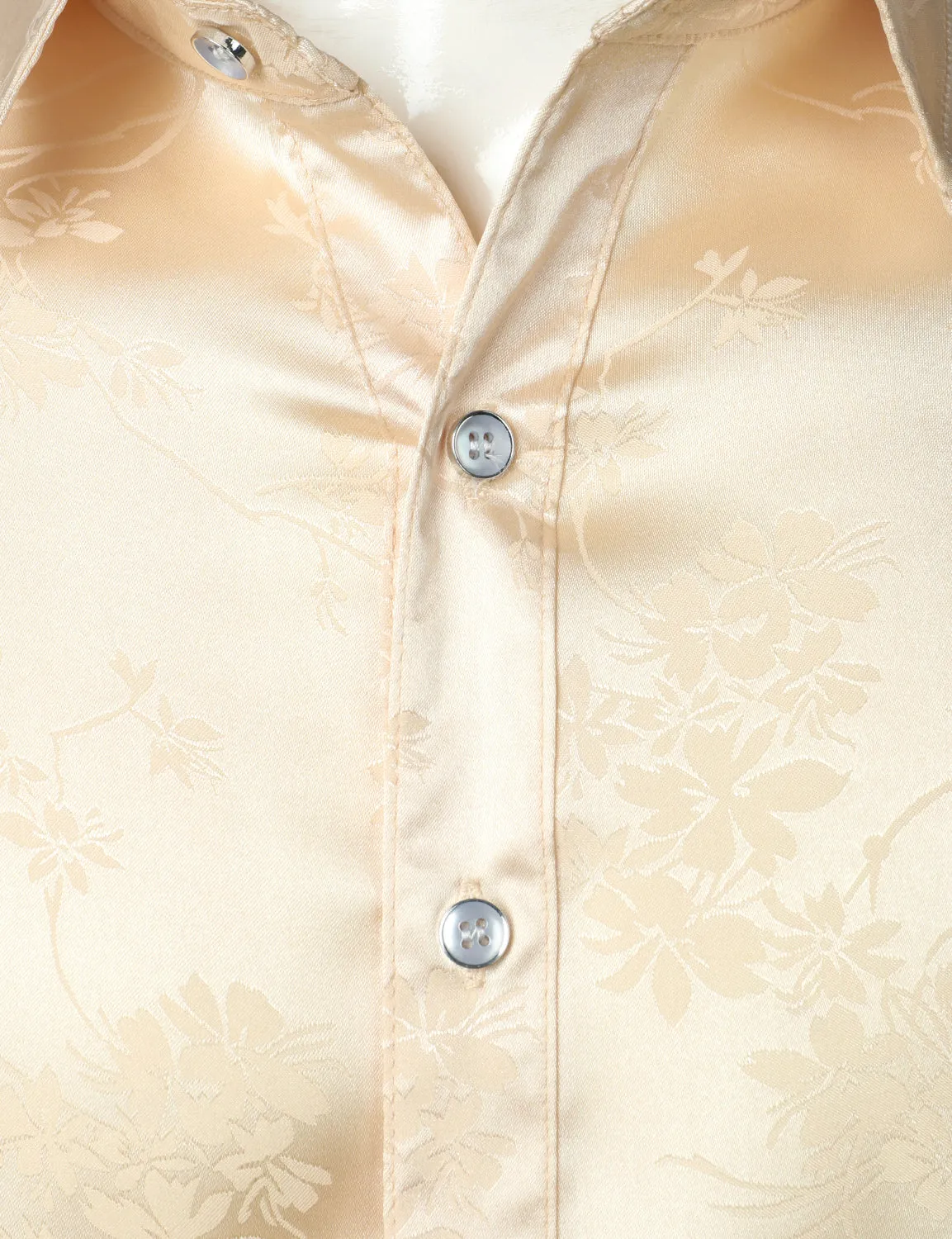 Men's Floral Jacquard Shiny Satin Casual Button Up Long Sleeve Dress Shirt