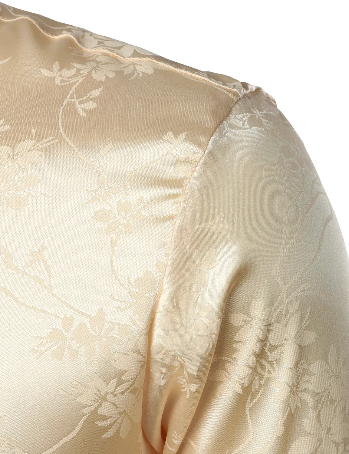 Men's Floral Jacquard Shiny Satin Casual Button Up Long Sleeve Dress Shirt