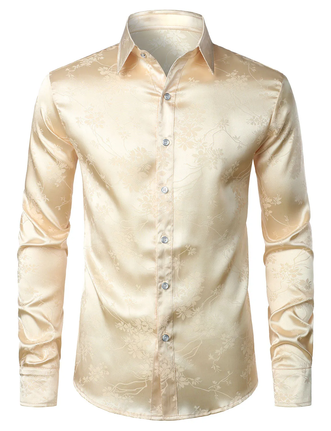 Men's Floral Jacquard Shiny Satin Casual Button Up Long Sleeve Dress Shirt