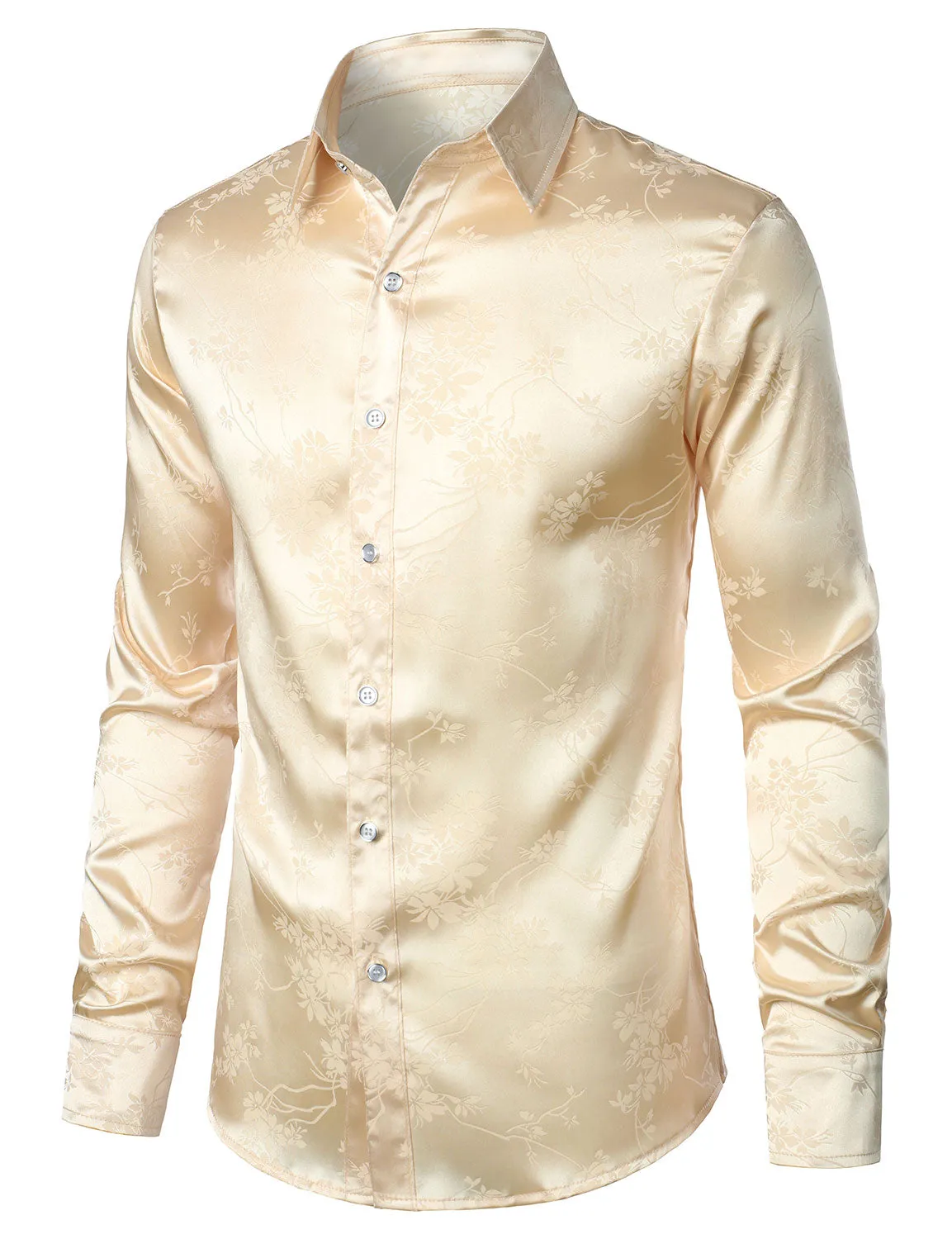 Men's Floral Jacquard Shiny Satin Casual Button Up Long Sleeve Dress Shirt