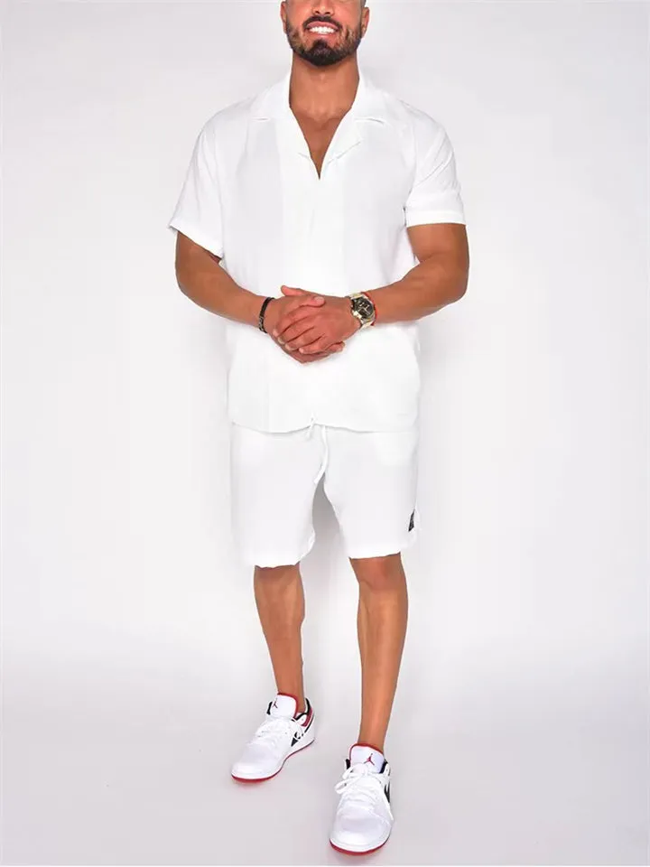 Men's Hawaiian Simple Lapel Shirt Casual Shorts Beach Sets