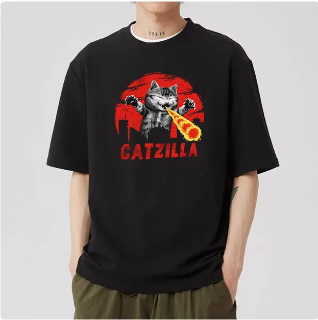 Men's Japanese Cotton Shirt – Casual Short Sleeve with Stylish Cat Pattern Design