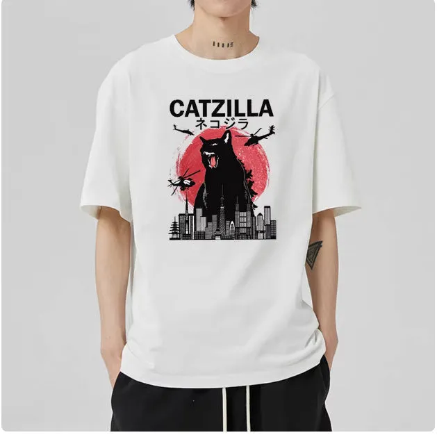 Men's Japanese Cotton Shirt – Casual Short Sleeve with Stylish Cat Pattern Design
