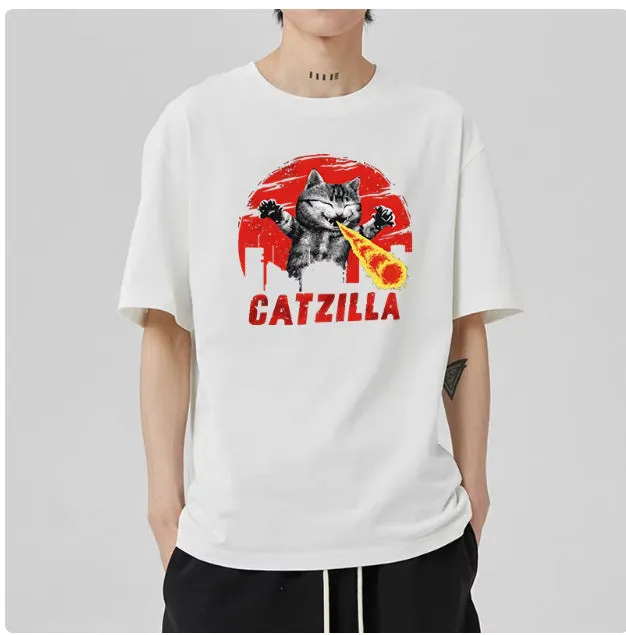 Men's Japanese Cotton Shirt – Casual Short Sleeve with Stylish Cat Pattern Design