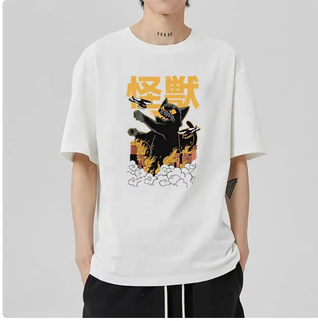 Men's Japanese Cotton Shirt – Casual Short Sleeve with Stylish Cat Pattern Design
