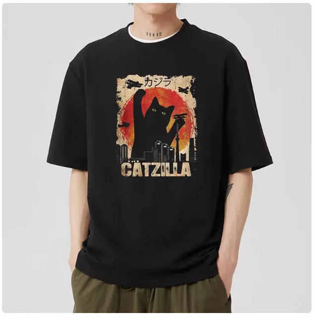 Men's Japanese Cotton Shirt – Casual Short Sleeve with Stylish Cat Pattern Design