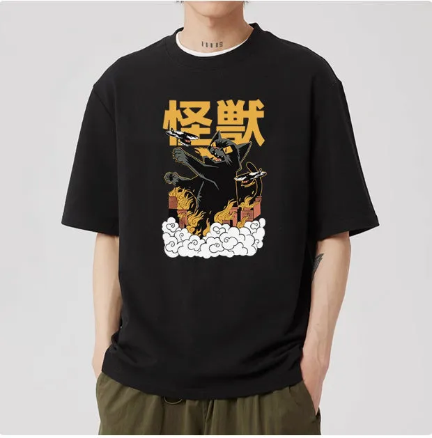 Men's Japanese Cotton Shirt – Casual Short Sleeve with Stylish Cat Pattern Design