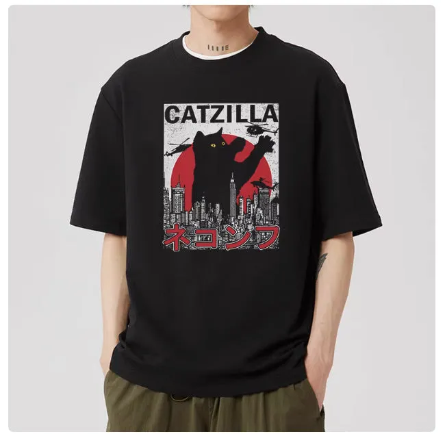 Men's Japanese Cotton Shirt – Casual Short Sleeve with Stylish Cat Pattern Design