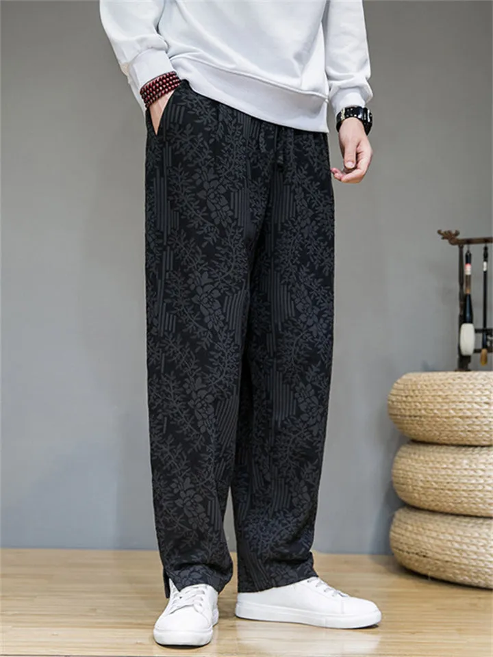 Men's Leaf Jacquard Side Slit Drawstring Casual Pants