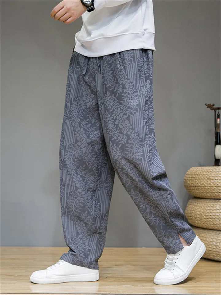 Men's Leaf Jacquard Side Slit Drawstring Casual Pants