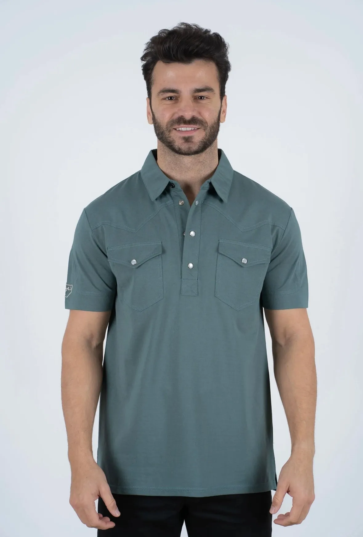 Men's Platini Teal Pearl Snap Button Western Polo