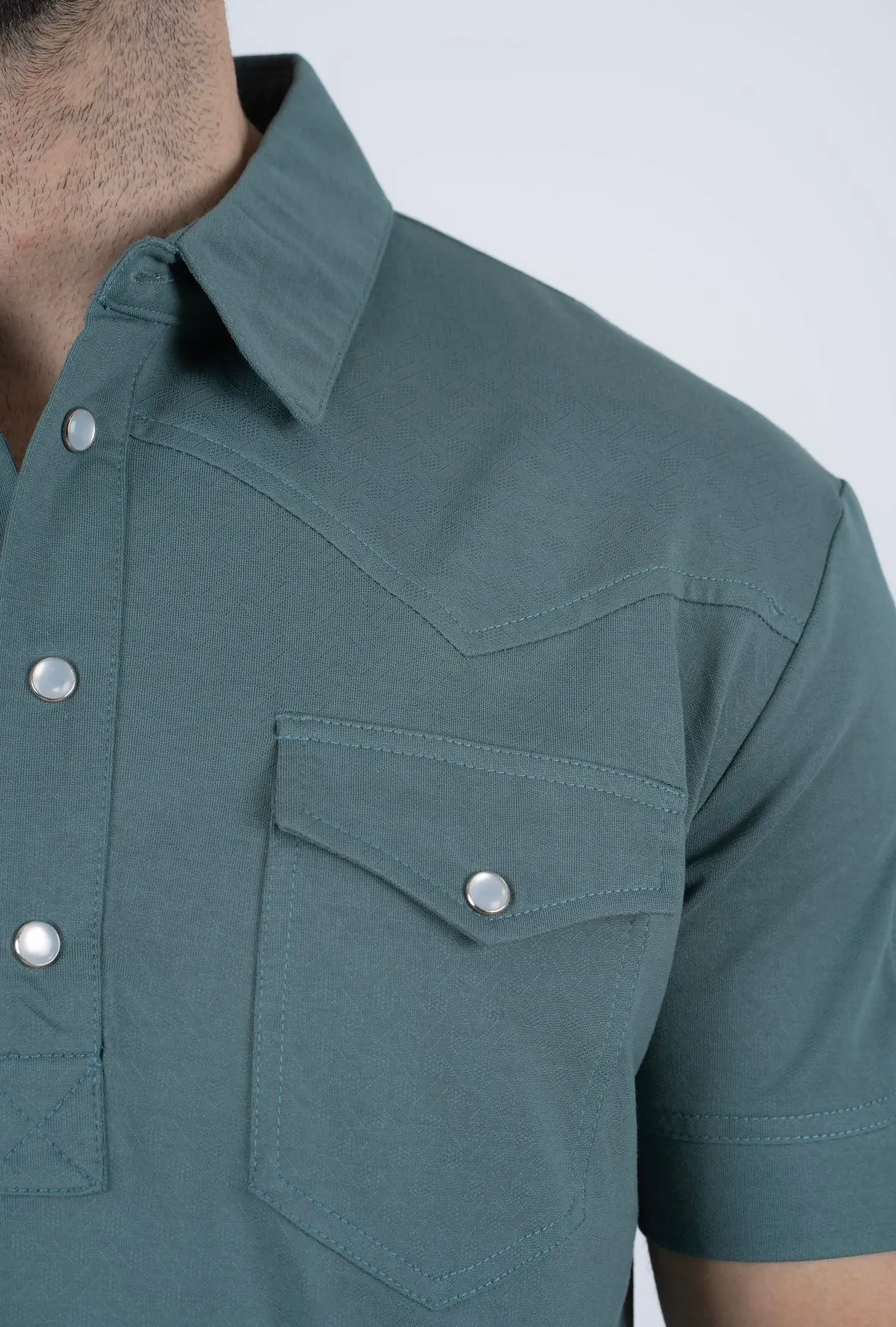 Men's Platini Teal Pearl Snap Button Western Polo