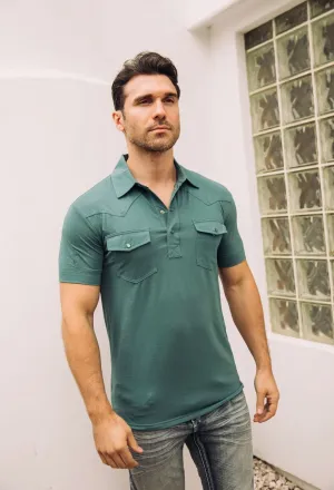 Men's Platini Teal Pearl Snap Button Western Polo