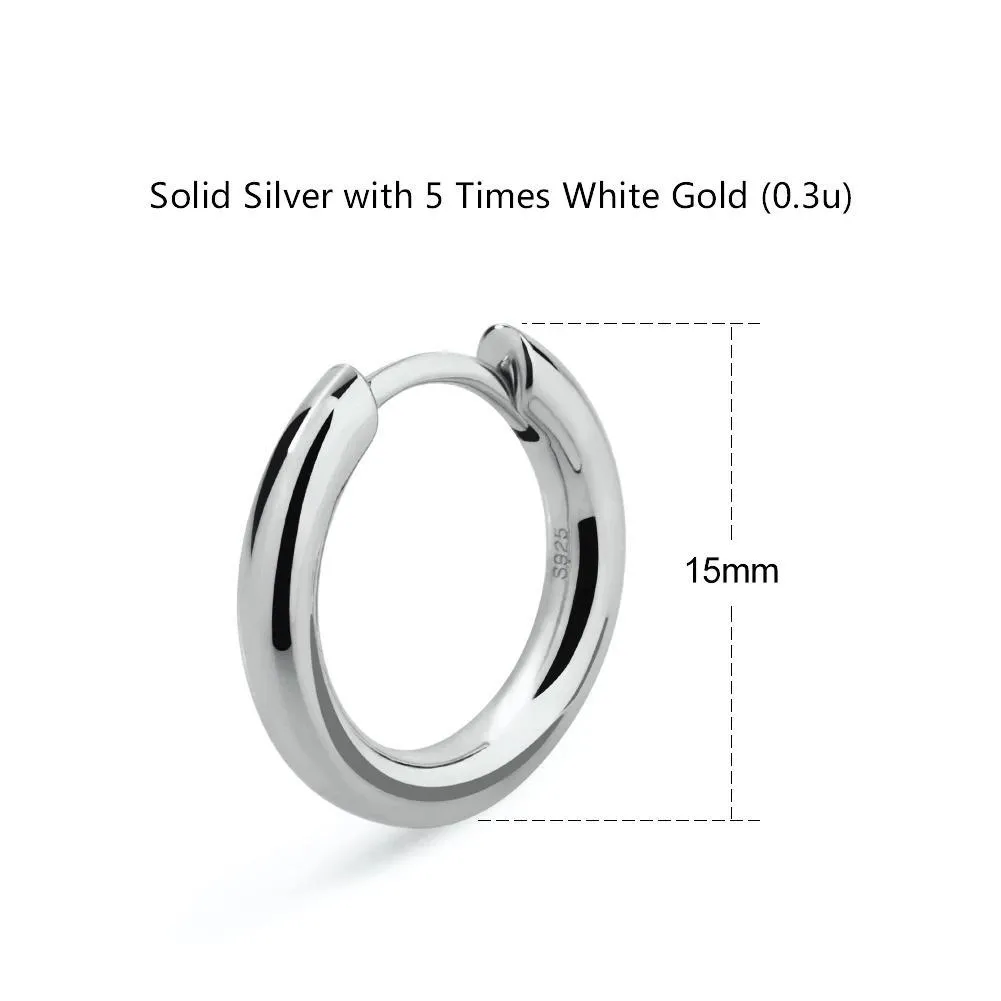 Men's Silver Hoop Earrings in White Gold - 15mm
