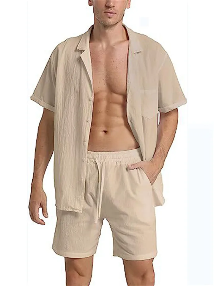 Men's Simple Lapel Collar Short Sleeve Shirt Casual Shorts Sets