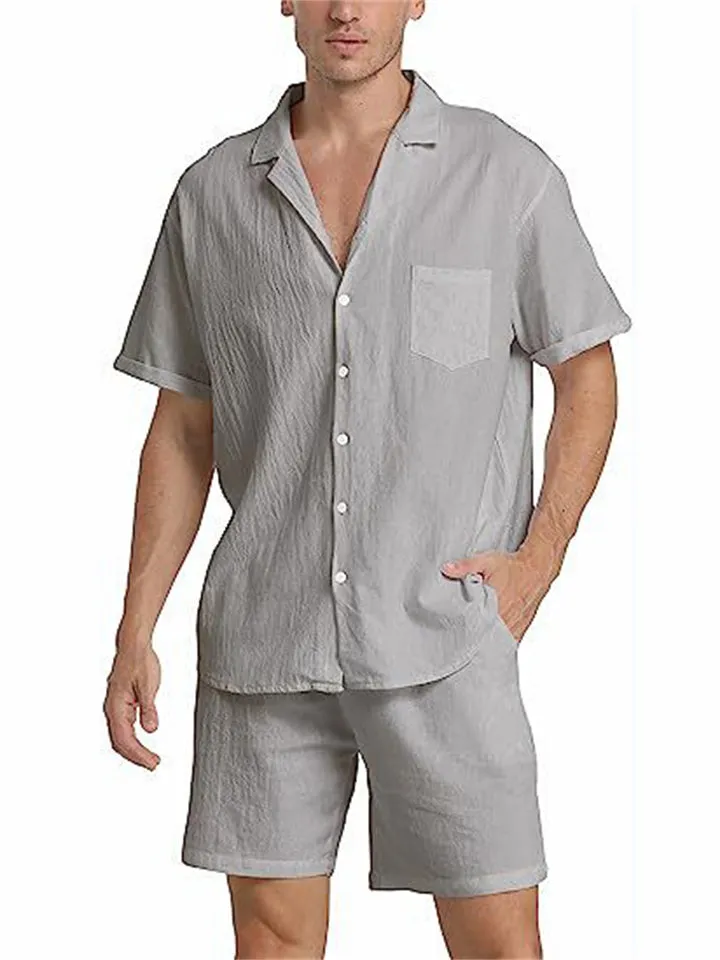 Men's Simple Lapel Collar Short Sleeve Shirt Casual Shorts Sets