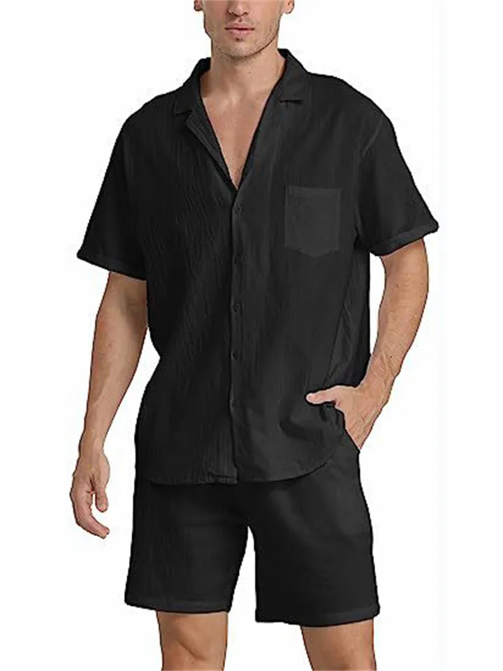 Men's Simple Lapel Collar Short Sleeve Shirt Casual Shorts Sets