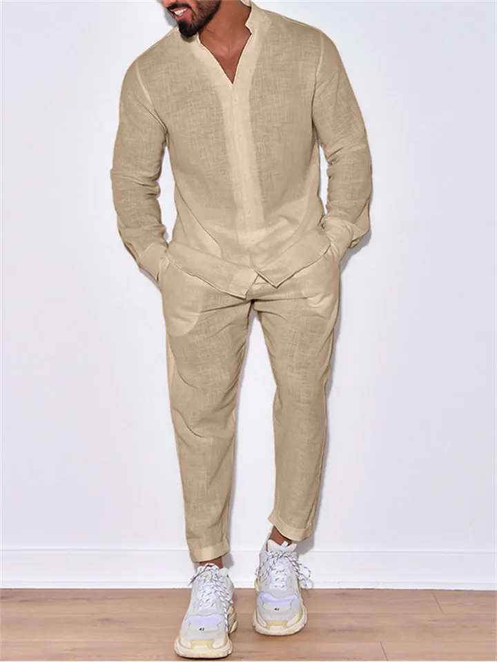 Men's Summer Simple Stand Collar Long Sleeve Button Cotton Linen Sets