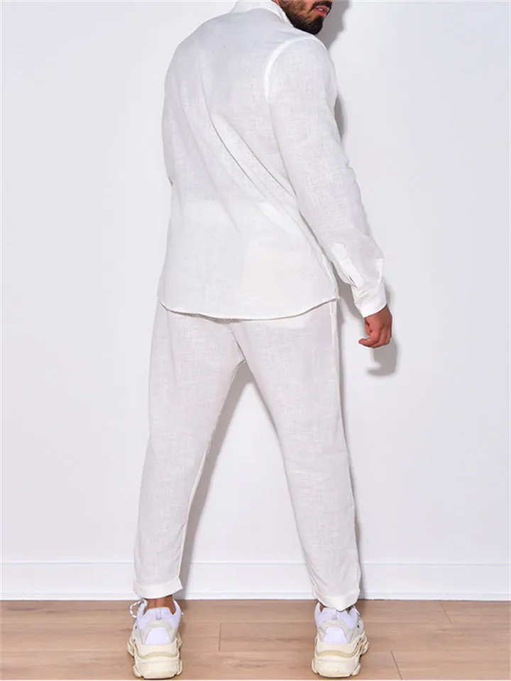 Men's Summer Simple Stand Collar Long Sleeve Button Cotton Linen Sets