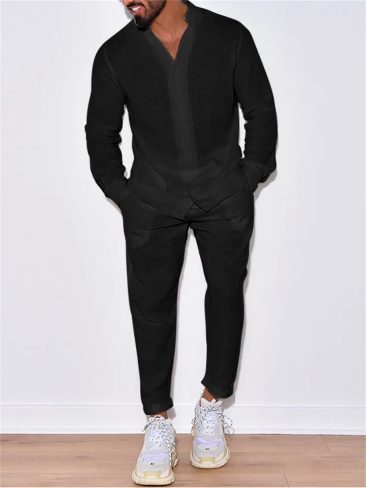 Men's Summer Simple Stand Collar Long Sleeve Button Cotton Linen Sets
