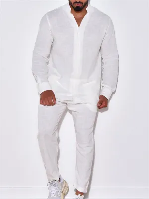 Men's Summer Simple Stand Collar Long Sleeve Button Cotton Linen Sets