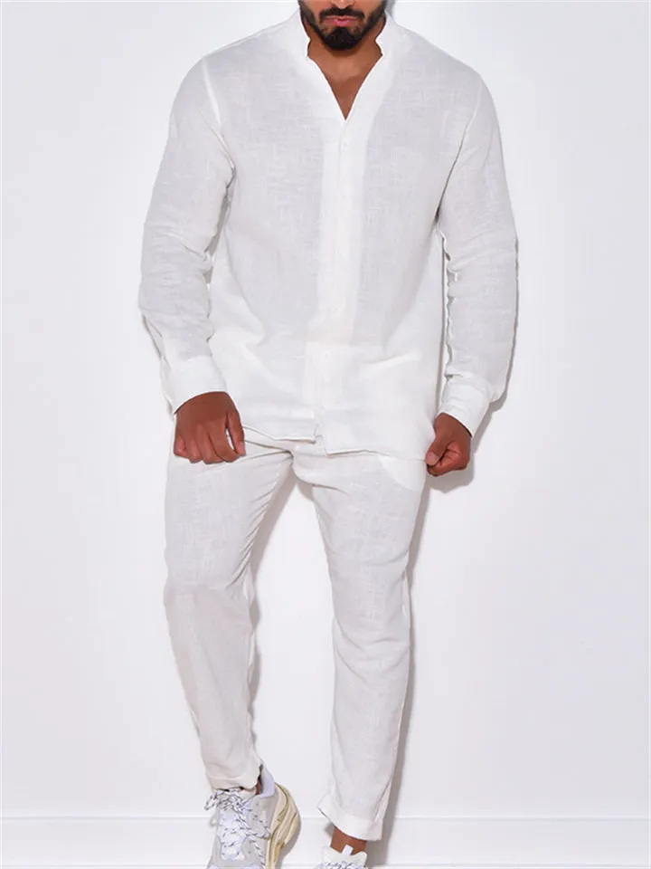 Men's Summer Simple Stand Collar Long Sleeve Button Cotton Linen Sets