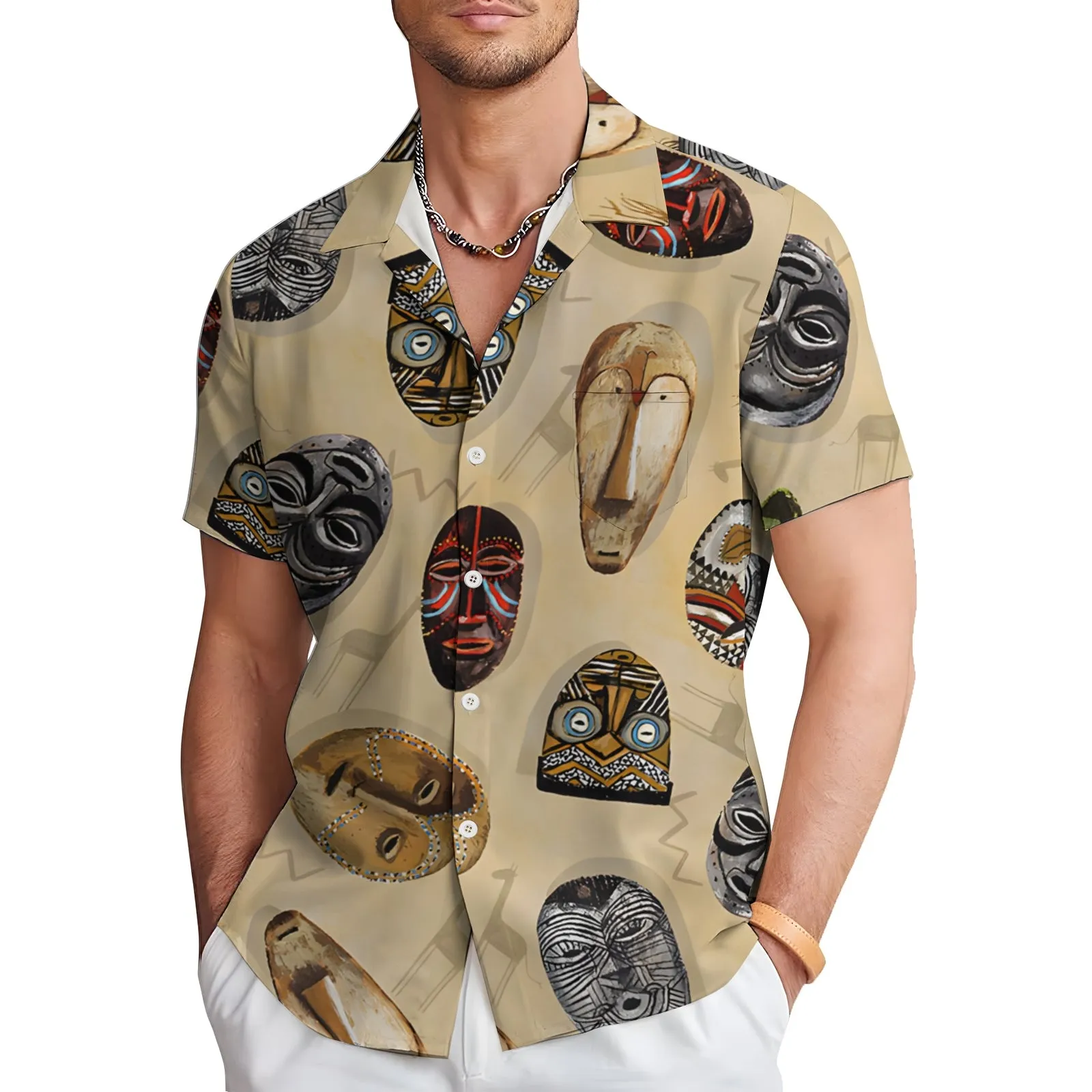 Men's Tribal Mask Casual Short Sleeve Shirt 2403000917