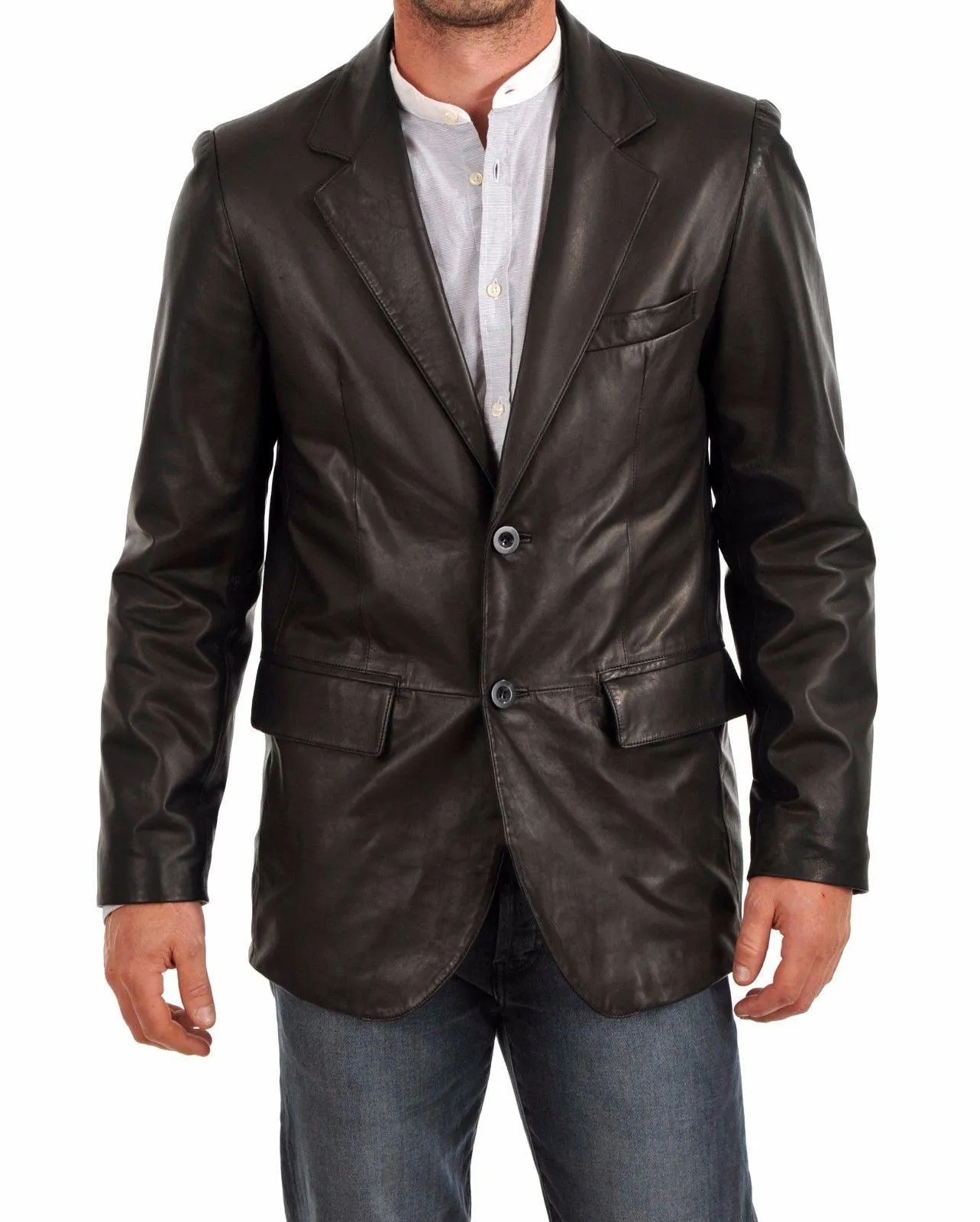 Men's TWO BUTTON Black Leather Blazer TB015