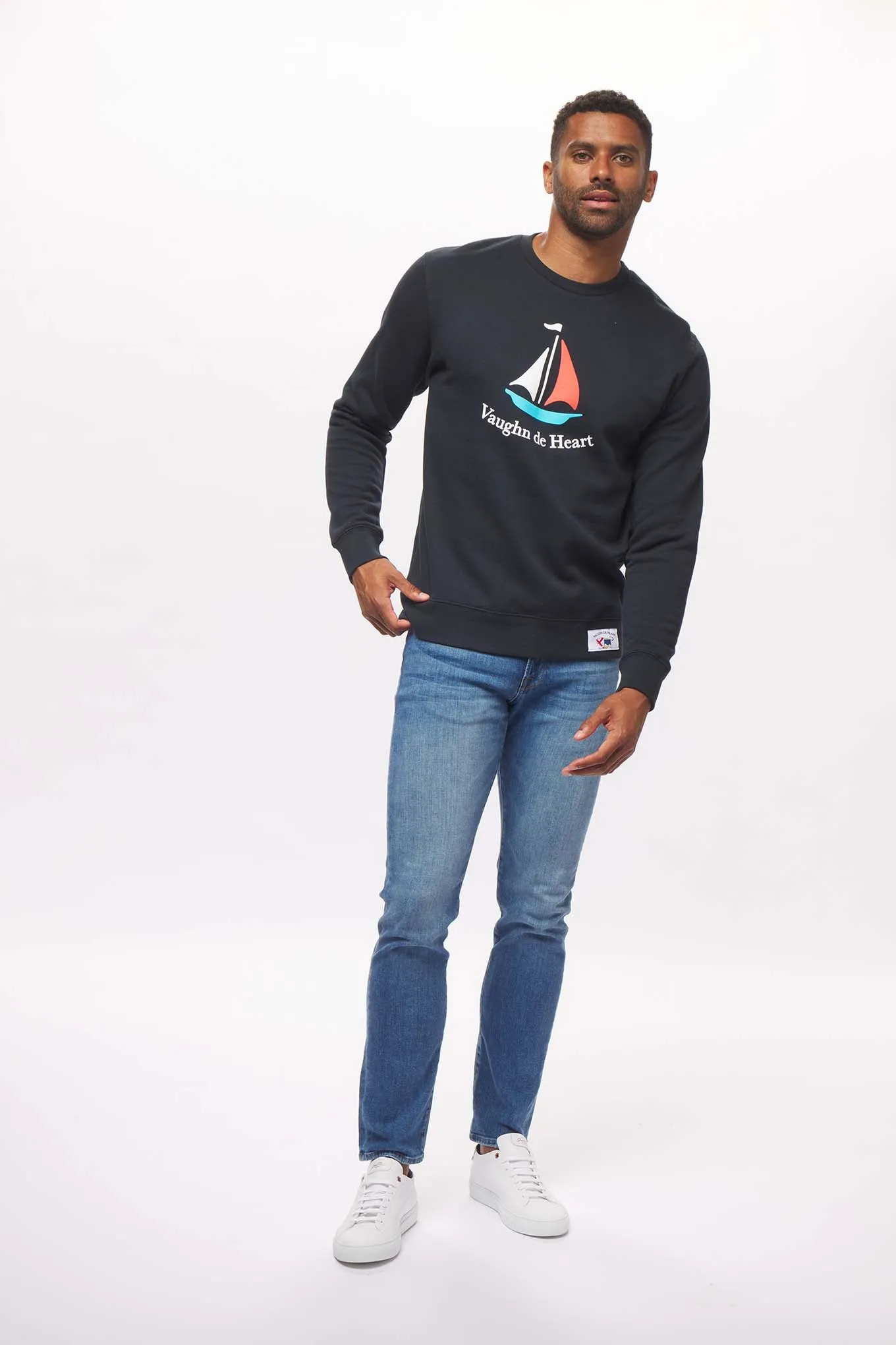 Men's - Voilier - Navy Blue Sailboat French Crew Neck Sweater