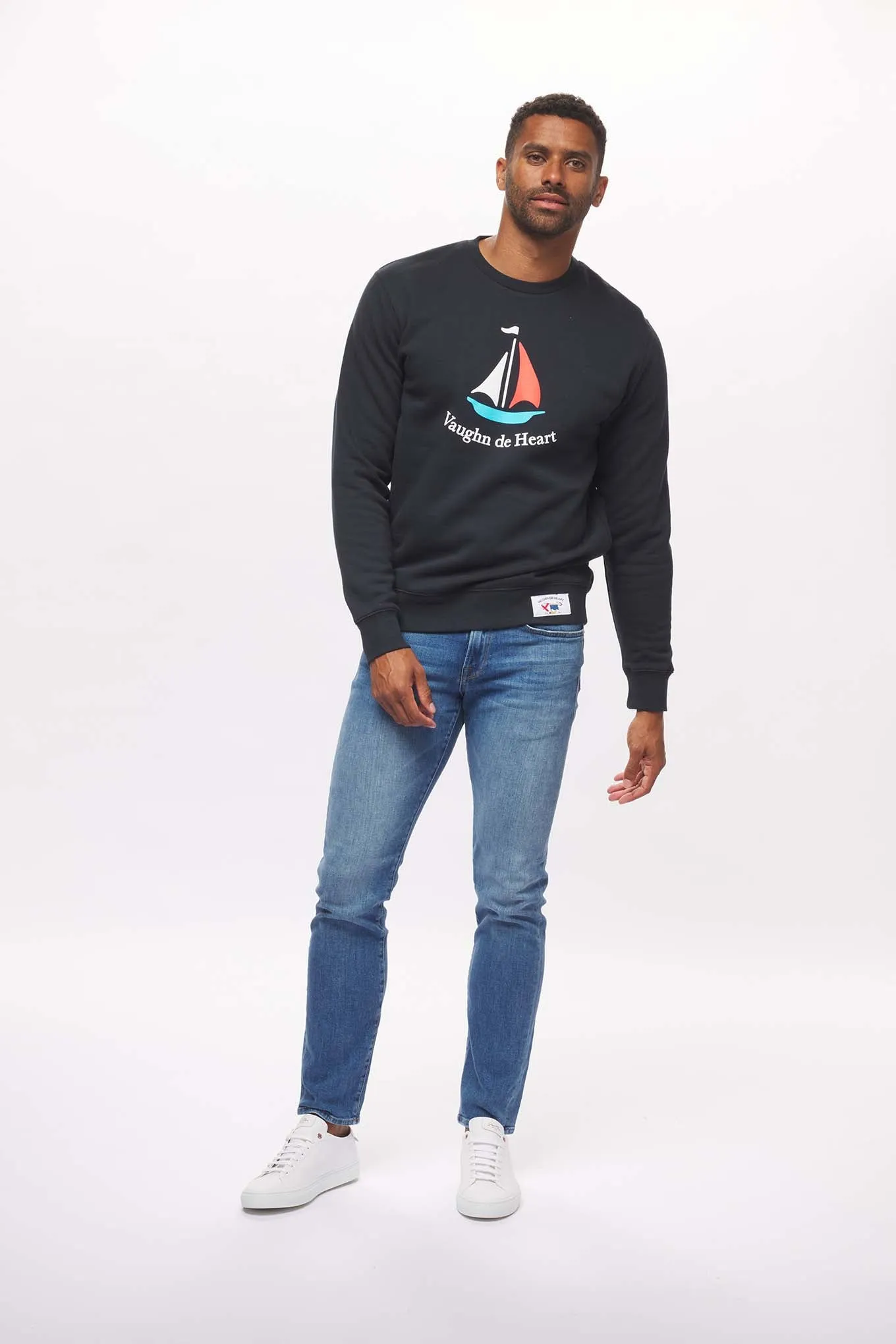 Men's - Voilier - Navy Blue Sailboat French Crew Neck Sweater