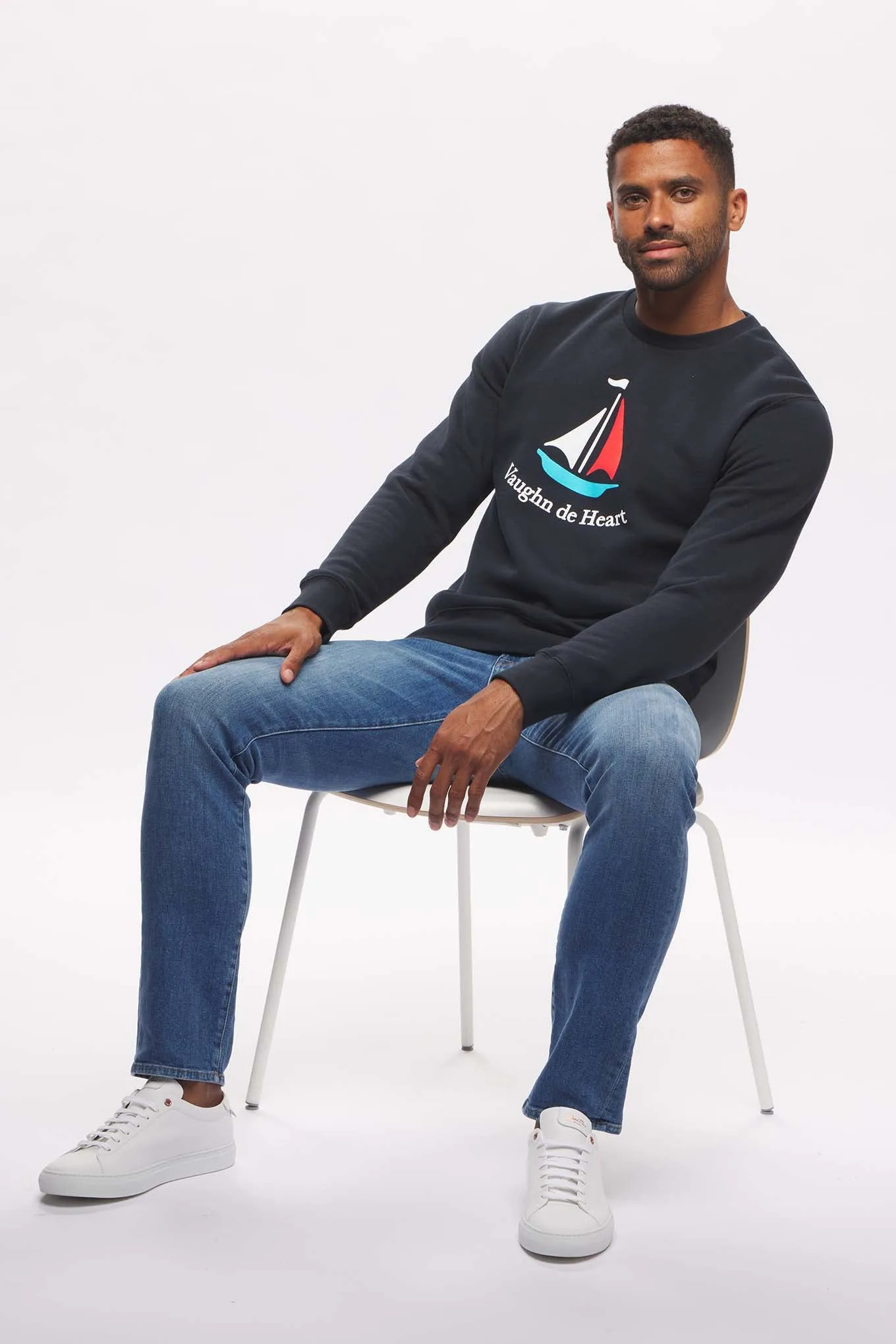 Men's - Voilier - Navy Blue Sailboat French Crew Neck Sweater